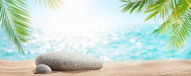 istock Tropical beach with palm leaves, bright sand and pebbles 1398797660