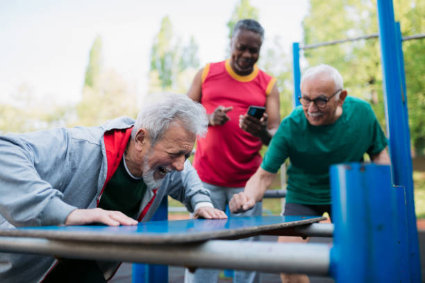 istock Senior man doing push ups outdoors 1398798017