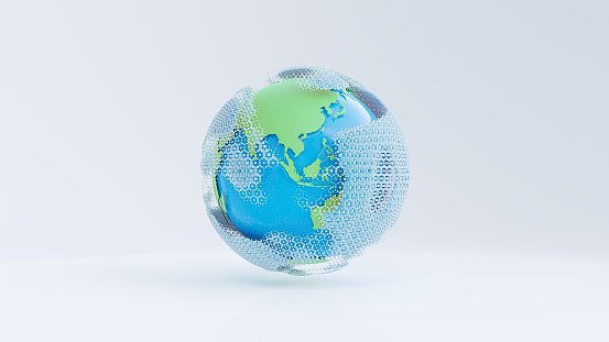 Green and blue globe is surrounded by network of pastel blue square. on white background. Minimal idea concept, 3D Render.