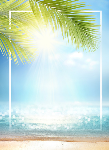 Landscape with beautiful tropical beach with white sand, turquoise ocean, blue sky on sunny day. Palm tree leaned over water. Background for summer vacation in Maldives or Seychelles Islands