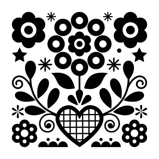 Vector illustration of Folk art vector design with flowers and heart from Nowy Sacz in Poland inspired by traditional highlanders embroidery Lachy Sadeckie in black and white