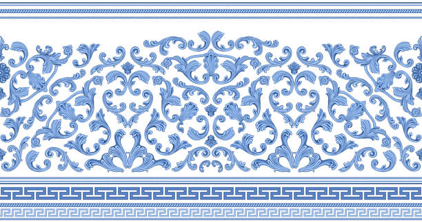 vektor-nahtloser rahmendruck auf weißem hintergrund. griechischer indigoblauer mäanderfries, barocke blaue blumenrollen. schal, schal, teppichteppich - frame silver pattern swirl stock-grafiken, -clipart, -cartoons und -symbole