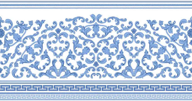 Vector illustration of Vector seamless border print on a white background. Greek indigo blue meander frieze, Baroque blue flower scrolls. Scarf, shawl, rug carpet