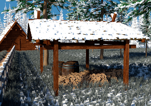 3D rendering of a medieval village exterior