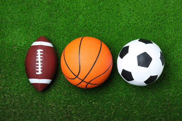 istock Set of different sport balls on green grass, flat lay 1398805255