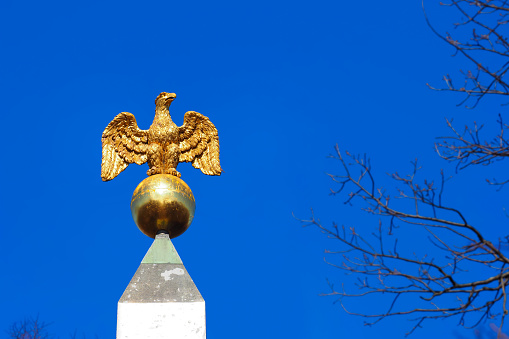 Golden eagle on top of the Rumyantsev Obelisk. St. Petersburg, Russia