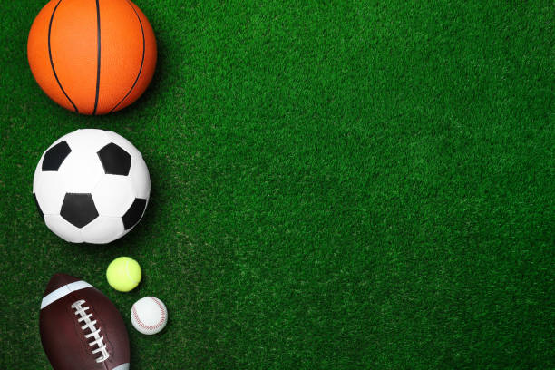 istock Set of different sport balls on green grass, flat lay. Space for text 1398805539