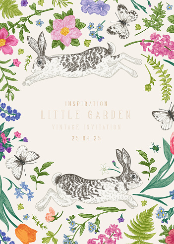 Vector frame with two rabbits, butterflies, flowers and leaves.  Little garden.  Cute summer and spring background. Colorful.