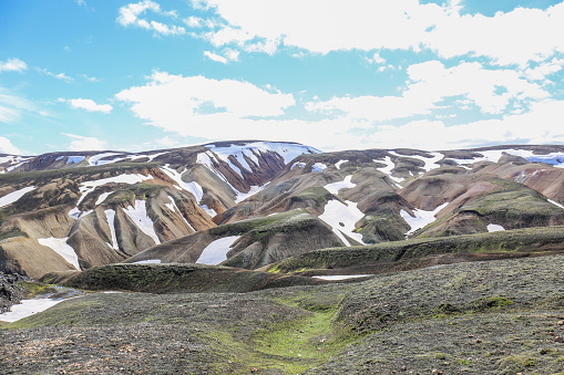 Beautiful panoramic Icelandic landscape of colorful volcanic Landmannalaugar mountains, at famous Laugavegur hiking trail.