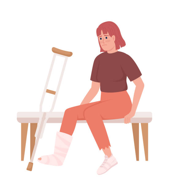 женщина со сломанной ногой и костылем полуплоской цветовой векторный символ - cast stock illustrations
