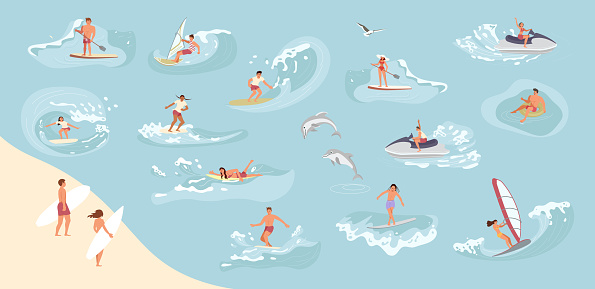 Big set of surfers ride the barrel rushing waves. Bundle of surfing waves with splashes isolated on white background. Flat Art Vector illustration