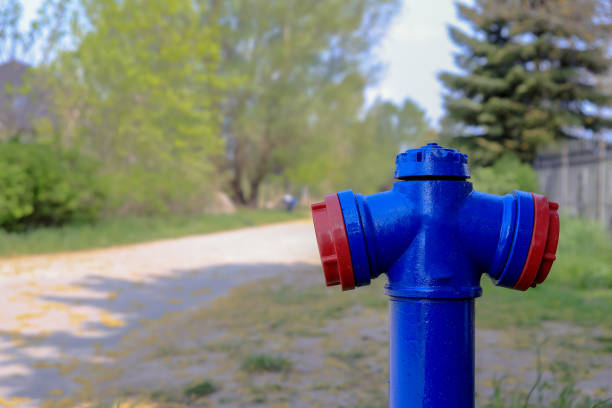 A blue fire hydrant standing at the edge of the road somewhere in Poland