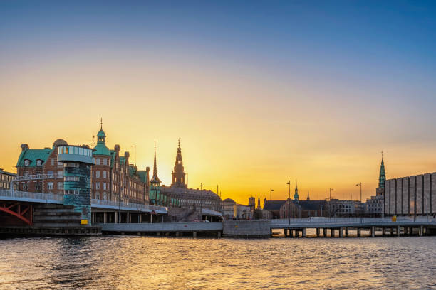 istock Copenhagen Denmark, sunset city skyline at Harbour 1398808360
