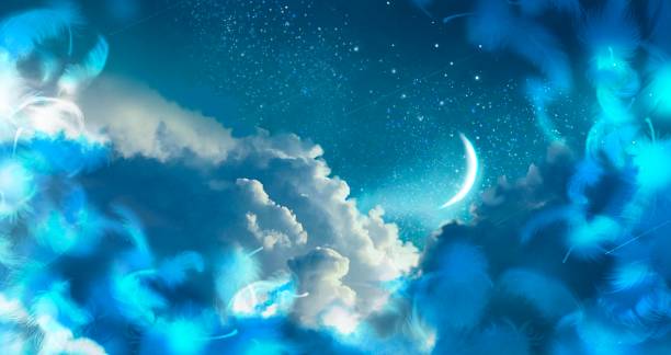 istock Mysterious background of fluffy light blue  angel wings and blue night sky with crescent moon and stars 1398808511