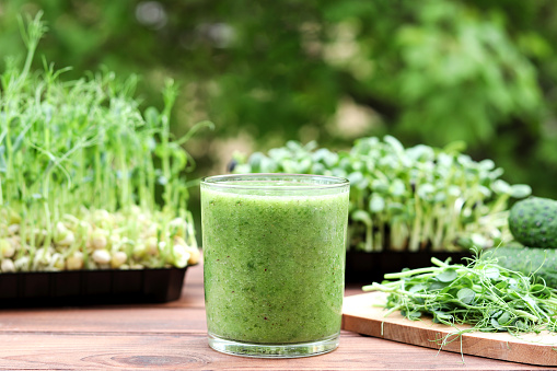 Green vegetable smoothie against background of greenery and microgreen. Healthy, vegan food, dieting concept. Selective focus.