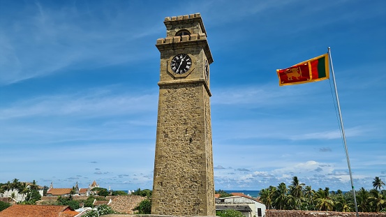 Galle, Sri Lanka – April 29, 2022: The Galle Clock Tower located within the Galle Fort in Galle, Sri Lanka
