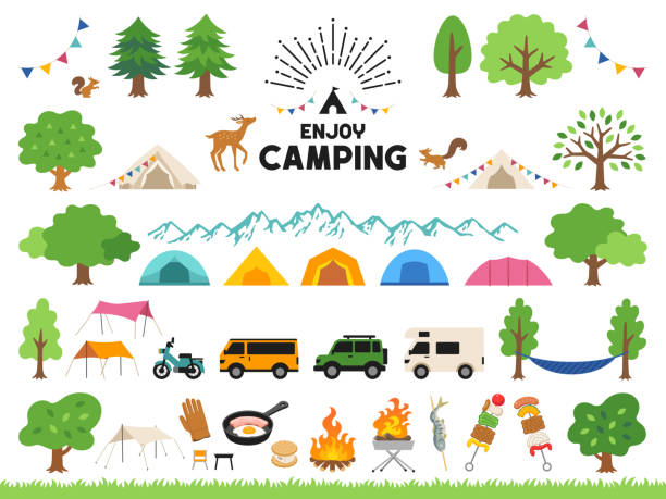 Illustration set of green trees and camping icons Illustration set of green trees, campsite and camping equipment icons mountain clipart stock illustrations