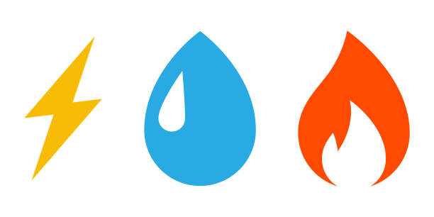 ilustrações de stock, clip art, desenhos animados e ícones de fire, water drop and flash icon set - natural gas flame fuel and power generation heat