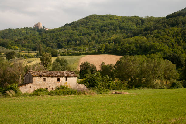 Castle and medieval village of Montefiore Conca. Rimini, Emilia Romagna. Italy stock photo