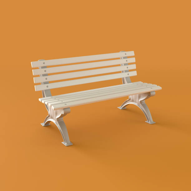 banc de parc monochrome sur fond orange, rendu 3d - dirty bench empty park photos et images de collection