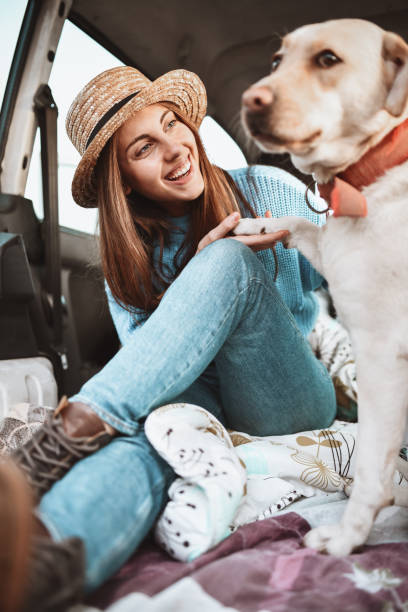 istock Cute Female Watching Her Pet Dog While Enjoying Picnic Trip 1398819663