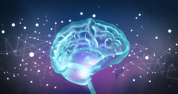 istock Illustration of human brain on dark background. Banner design 1398820516