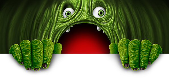 Green monster sign as an alien creature with an open mouth as a funny creepy ogre or scary demon with copy space or blank text area as a festive holiday greeting or whacky character screaming in a 3D illustration style.
