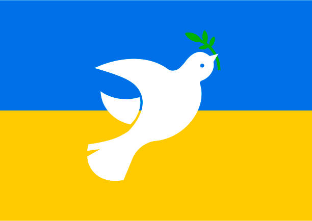 istock White dove with branch and Ukrainian national flag on background, illustration 1398820528