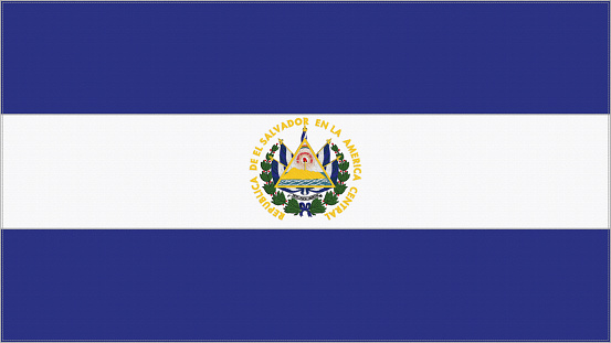 El Salvador embroidery flag. El Salvadoran emblem stitched fabric. Embroidered coat of arms. Country symbol textile background.