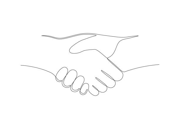 Handshake, help of hand, one art line continuous. Hand shake team together. Man or woman communication, business agreement, partnership. Sign contract, peace. Vector outline Handshake, help of hand, one art line continuous. Hand shake team together. Man or woman communication, business agreement, partnership. Sign contract. Vector outline contracting stock illustrations