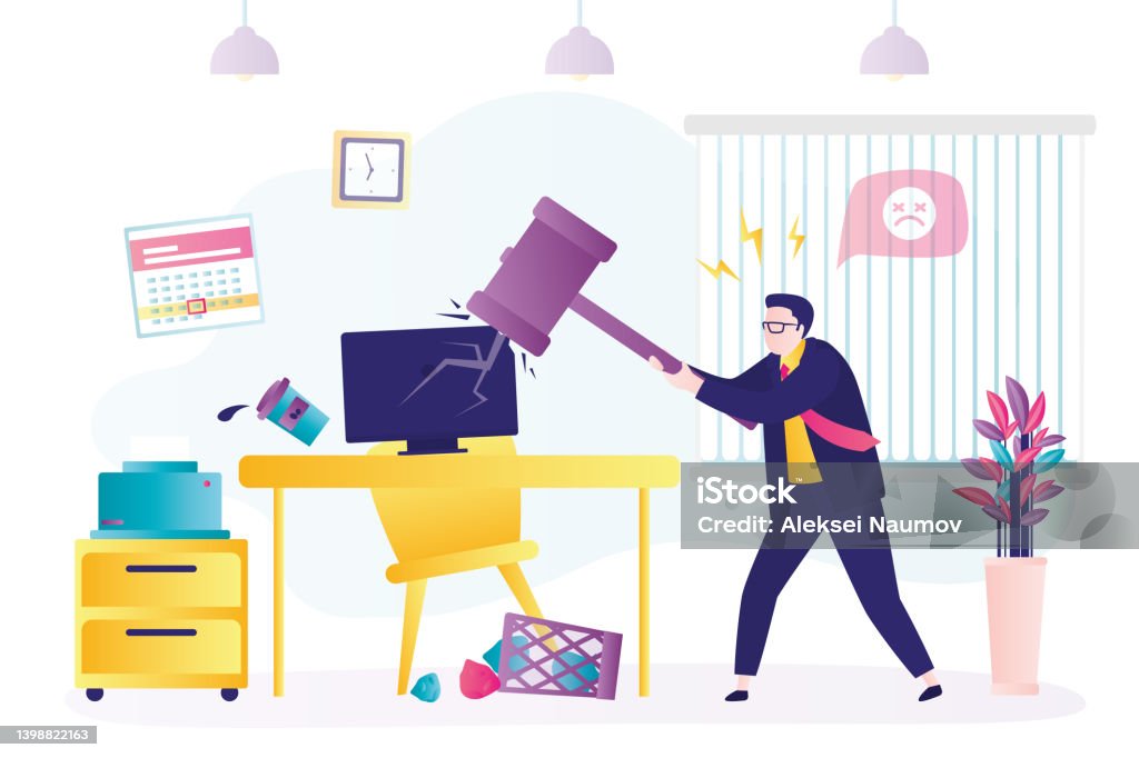 The Office Computer Rage Angry Worker With Hammer Breaks Computer Office Interior Man Expresses ...