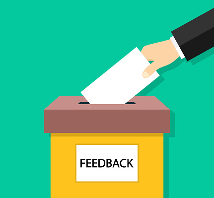 Feedback box. Hand holding paper card for feedback. Icon of suggestion. Poll and suggest for customer. Submission of comment in box. Review of customers. Vector.