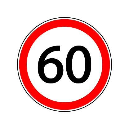 60 limit speed. 60 km speed limit sign for car. Road sign with restriction of sixty kmh. Icon for traffic on city or highway. Isolated icon on white background. Vector.