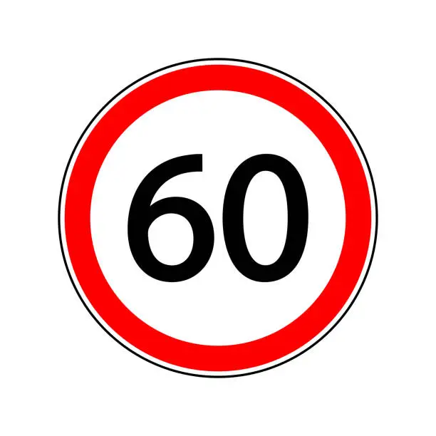 Vector illustration of 60 limit speed. 60 km speed limit sign for car. Road sign with restriction of sixty kmh. Icon for traffic on city or highway. Isolated icon on white background. Vector