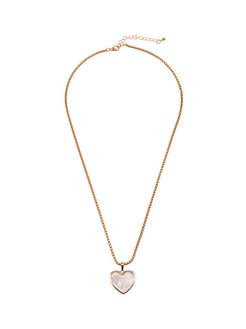 Female heart shaped pendant with golden chain necklace isolated on white. Top view