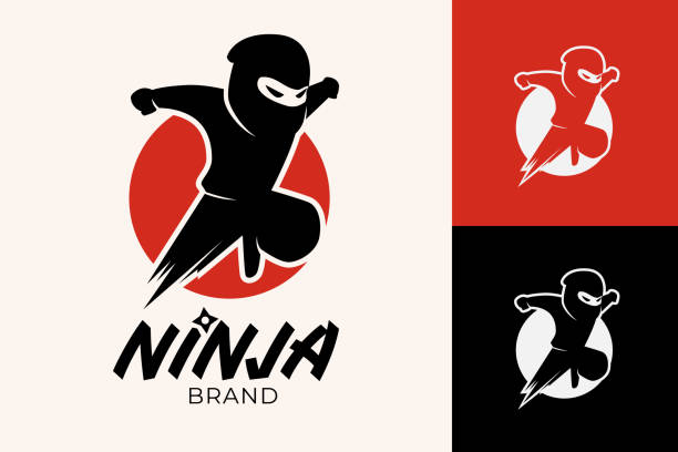 ilustrações de stock, clip art, desenhos animados e ícones de ninja logo template with illustration of jumping ninja cartoon mascot - ninja
