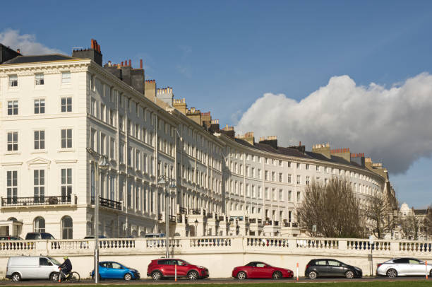 Brighton, England - February 11, 2022: Georgian apartment building on the seafront at Hove, Brighton, East Sussex, England