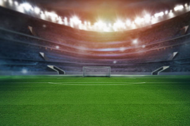 textured soccer game field - View of the soccer goal from midfield. stock photo