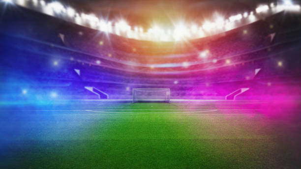 textured soccer game field - center, midfield stock photo