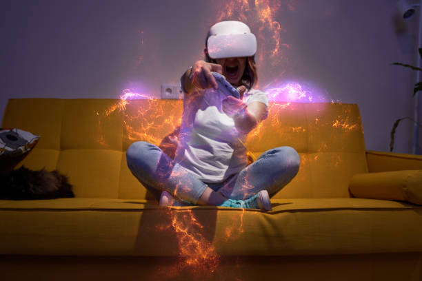 istock Woman with virtual reality headset and joystic is playing game. Elements image furnished by NASA. 1398827717