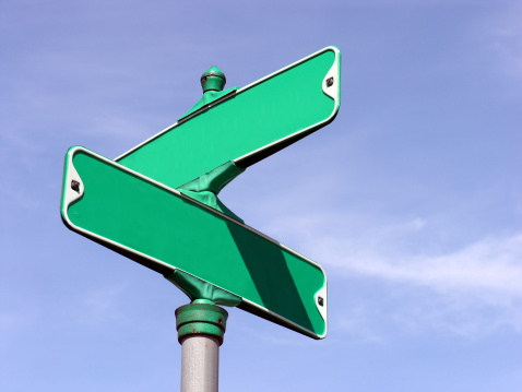 Intersection sign.  Looks great with white embossed text, skewed to match the perspective.