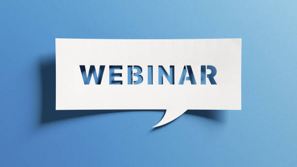 istock Webinar online education, conference, course, meeting on internet. Communication technology on the web to watch live stream. Teamwork, remote working, e-learning concept. Cutout paper, blue background 1398828033