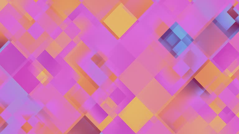 Moving animated abstract background with shimmering purple-pink-yellow squares. Blinking squares in diagonal lines. Disco lights. Perfect for a design of creative projects and art spaces