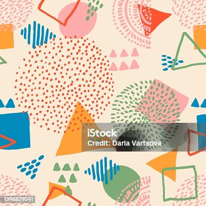 istock Retro vector abstract seamless pattern in geometric style. Black color with vector geometric figures.Vector form a triangle, a line, a circle. Hipster vector fashion Memphis style seamless pattern. 1398829591