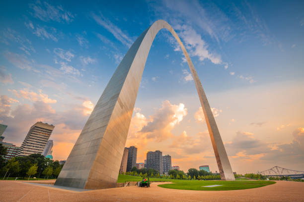 St. Louis, Missouri, USA Downtown St. Louis, Missouri, USA viewed from below the arch. missouri stock pictures, royalty-free photos & images