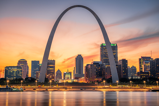 The Gateway Arch and the skyline of St. Louis, Missouri along the shores of the Mississippi River.