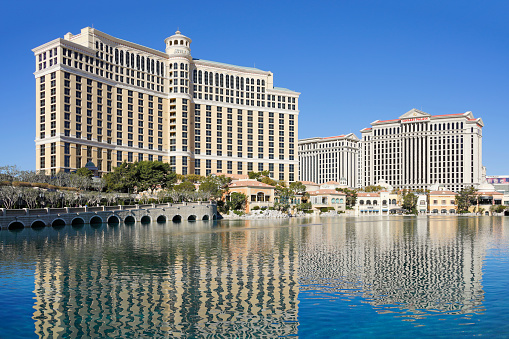 Las Vegas, USA - January 30, 2022: Daytime view of the casino and resort hotels - Bellagio and Caesars Palace - located along the Las Vegas strip.