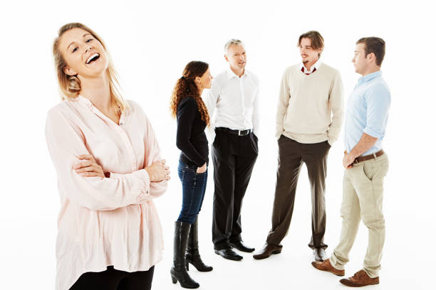 The team of the company's department of men and women in loose clothing on a white background