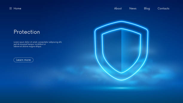 ochrona danych informacyjnych i sieci, cyfrowa osłona bezpieczeństwa systemu cybernetycznego, futurystyczna technologia z niebieską neonową poświatą w dymie, wektorowe tło biznesowe - safety net stock illustrations