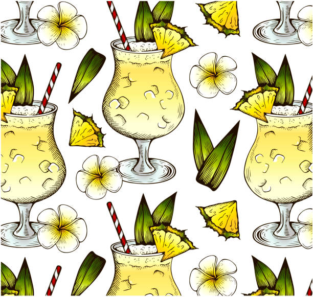 illustrazioni stock, clip art, cartoni animati e icone di tendenza di schizzo disegno modello di cocktail pina colada su sfondo bianco. - cocktail pina colada pineapple juice